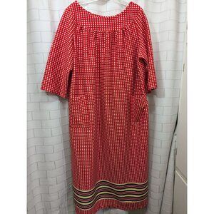 1960s Polyester House Dress Pull Over 3/4 Sleeves Red & White Square Dots 2XL